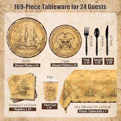 Kochorie 169 Pieces Pirate Tableware Set, Pirate Treasure Map Party Plates and Napkins Supplies with Cups Plastic Cutlery Tablecloth for Adventure Birthday Themed Party Decorations, Serves 24 Guests - Image 2