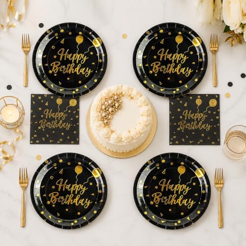 48PCS Happy Birthday Plates and Napkins Party Supplies, Black and Gold Disposable Paper Plates and Napkins with Forks Tableware Set for Birthday Party Decorations 16 Guests (Birthday Black) - Image 6