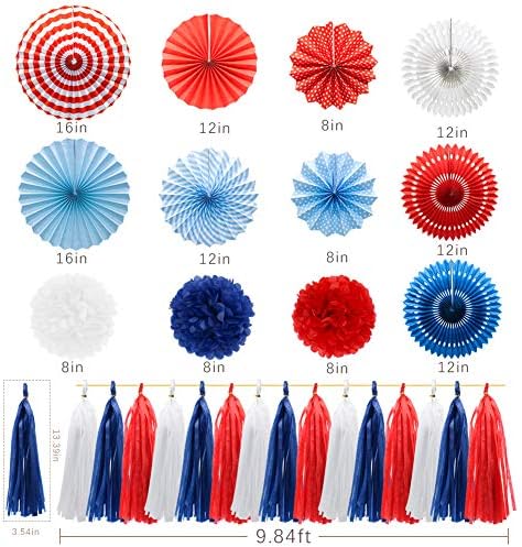 Navy Blue Red White Party Decorations Hanging Paper Fans Pom Poms Flowers Tissue Tassel Garland for 4th of July Day Patriotic Decoration Graduation Birthday Supplies - Image 2