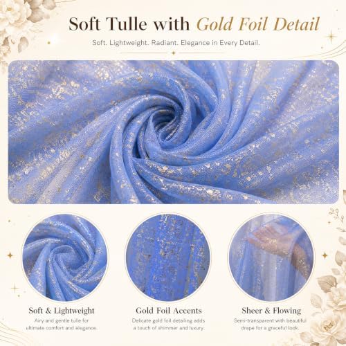 Bupelo Blue Tulle Backdrop Curtains with Gold Foil 15x8ft Sheer Curtain - Image 4