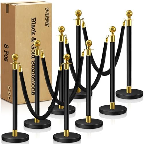 8 Pcs Black & Gold Stanchions with Velvet Ropes with 4 Pcs 5 Ft Black Velvet Ropes Carpet Ropes Posts Stanchion Set for Crowd Control Barriers for Weddings, Events, Hotels, and Party Decor by SuiROYI