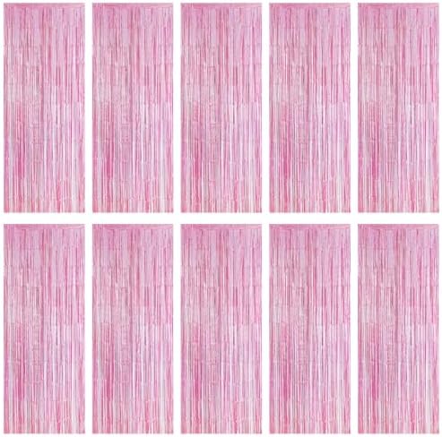 10 Pack Pink Foil Curtain Backdrop 3.2ft x 9.8ft Metallic Tinsel Foil Fringe Curtains Streamer Photo Booth Backdrop for Birthday Party Engagement Bachelorette Party Decorations - Sparkle Pink by Ohiyoo