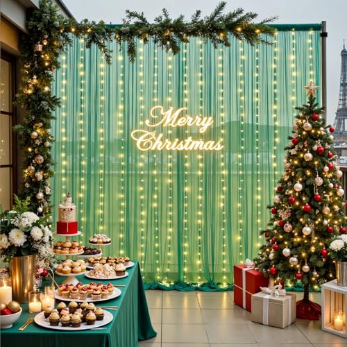 10ft x 8ft Hunter Green Tulle Photo Backdrop Curtain with Lights String for Christmas Party Sheer Curtain Backdrop Drapes for Birthday Party Holiday Wedding Photo Booth Background Room Decorations - Image 5