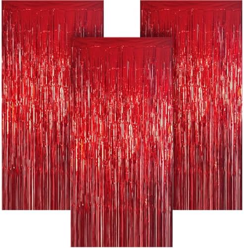3 Pack 3.28ft x 6.56ft Red Metallic Tinsel Foil Fringe Curtains, Photo Booth Backdrop Party Decorations for Birthday Wedding Baby Shower Graduation Valentines Day New Years by Unknown