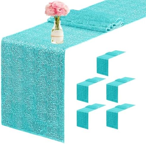 6 Packs 12 x 72 inches Sequin Table Runner, Turquoise Glitter Table Runner for Birthday Party Supplies Wedding Engagement Baby Shower Holiday Celebration Event Decorations by Yblut