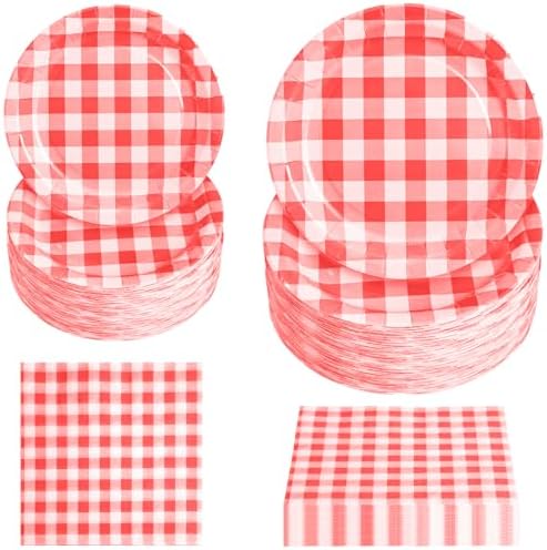 180Pcs Red Gingham Party Supplies Paper Plates and Napkins Serve 60 by Hpscdyo