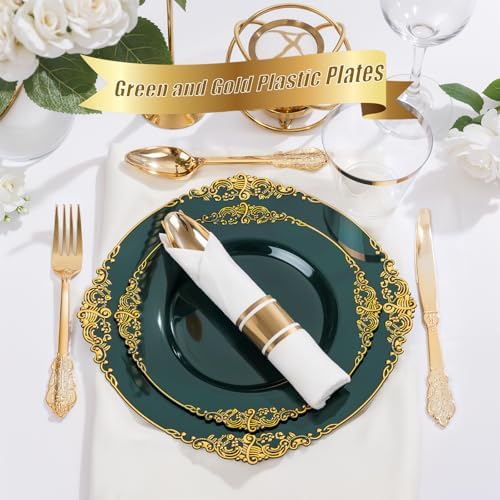 Nervure 175Pcs Green Plastic Plates, Disposable Party Plates for 25 Guests - Image 5