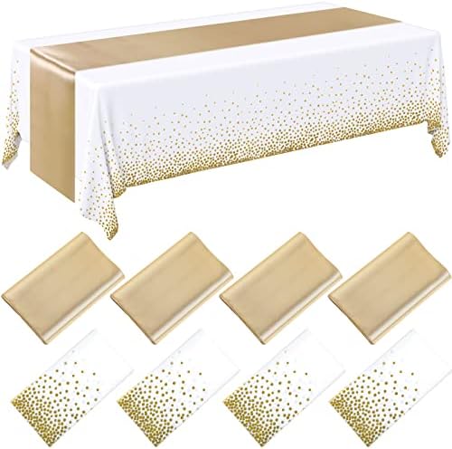 Breling 8 Pack White and Gold Tablecloths and Satin Runners Set by Breling
