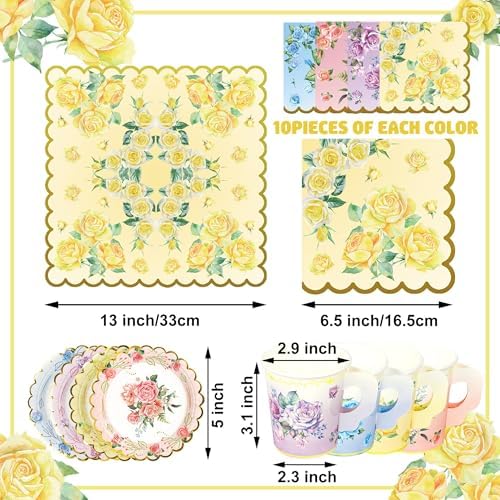 40 Set Floral Tea Cups and Saucers Disposable Tea Party Supplies Colorful Flower Teacups with Handle and Paper Napkins Dinnerware Set for Floral Theme Tea Party Birthday Wedding Bridal Shower Supply - Image 2