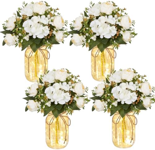 4 Sets Faux Peony Mason Jar Centerpiece with LED Lights for Wedding by Tianxunewtig
