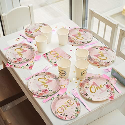 96Pcs 1st Birthday Party Supplies - Girls' One Year Tableware with Floral Birthday Plates, Napkins, Dinnerware, Decorations & Favors for Baby Shower, Serves 24 - Image 6