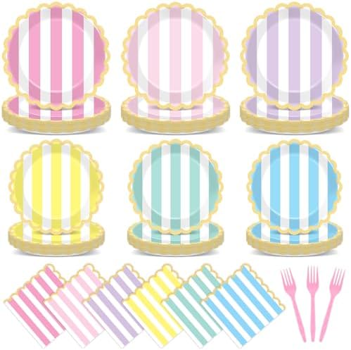 96Pcs Pastel Stripe Party Supplies Pastel Paper Plates Napkins Stripe Ice Cream Party Tableware Set Pastel Dinnerware for Girl Birthday Party Baby Shower Decoration Serve 24 (Scalloped) by Justforjoyful