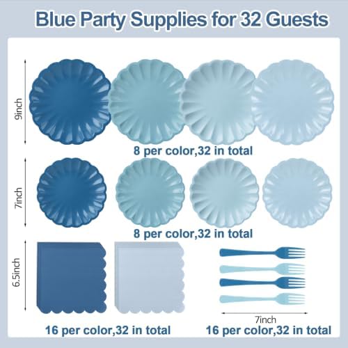 128Pcs Blue Paper Plates and Napkins Party Supplies for Birthday,Serves 32 - Image 3