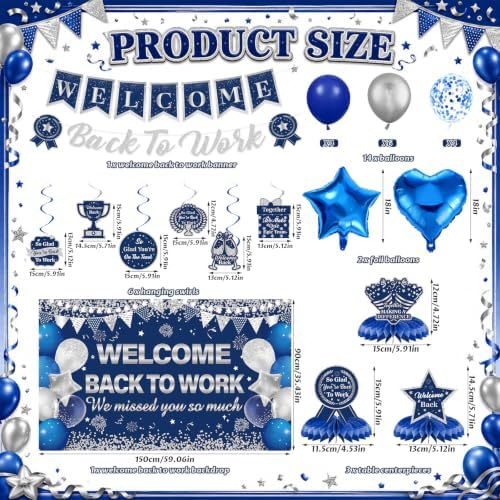 27pcs Welcome Back to Work Decorations Office Blue Silver Welcome Back to Work Banner Balloons We Missed You So Much Backdrop Hanging Swirls Table Centerpieces Foil Balloons for Back to Work Office - Image 4