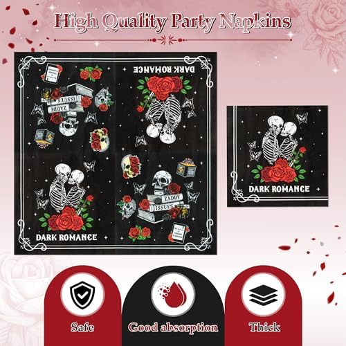 96Pcs Dark Romance Book Lover Skull Rose Black Gothic Party Plates Supplies Tableware Decorations Disposable Paper Plates Napkins Forks for Birthday, Serves 24 - Image 4