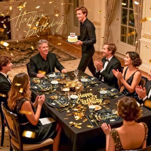 Black and Gold Happy Birthday Party Plates, 168PCS Birthday Party Supplies - Image 7