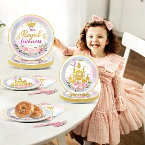 CHUNNIN 96Pcs Princess 5th Birthday Plates and Napkins Her Royal Fiveness Decorations Princess Party Dessert Plates Rainbow Castle Tableware for 24 Guests 5th Theme Girl Baby Shower Party Supplies - Image 5