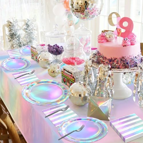 Iridescent Party Supplies for 20 Guests, Disposable Iridescent Tableware Set Includes Holographic Paper Plates, Napkins, Forks, Tablecloth for Birthday Mermaid Themed Party Decorations Wedding - Image 6