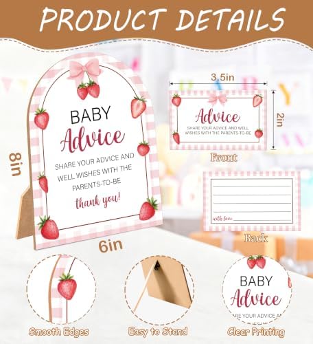 Sweet Berry Baby Shower Games, Strawberry Advice For Parents To Be, 6x8 Inch Arch Wooden Sign With Stand And 50 Advice Cards, Gender Reveal Party Supplies & Decorations -LN011 - Image 2