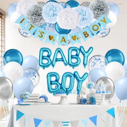 Vicduotex Blue Baby Shower Decorations with Grey Paper Pom Poms - Image 7