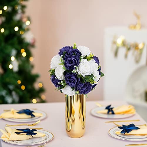 BLOSMON Flower Balls Table Centerpieces: 6 Pcs Fake Flowers Navy Blue White Wedding Kissing Rose Balls Decor - Artificial Floral Arrangements Flower Bouquet of Roses Home Party Table DIY Decorations - Image 3