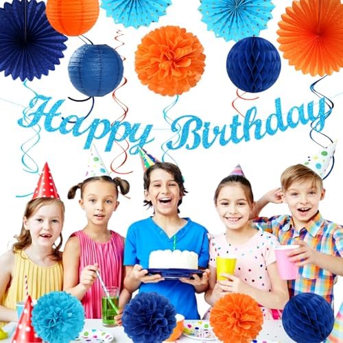 Orange Blue Men Birthday Decorations - 21pcs Happy Banner Garland,Bluey Paper Streamers Lanterns,Flower Tissue Pom Poms Fan Supplies,Hanging Wall Backdrop Party Decor Huglony - Image 4