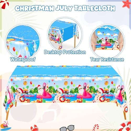 QZYL 122Pcs Summer Christmas Decorations, Tropical Beach Plates Party Supplies, Disposable Xmas in July Plates, Napkins, Cups, Forks and Tablecloth for Beach Pool Party, Serves 30 Guests​ - Image 3