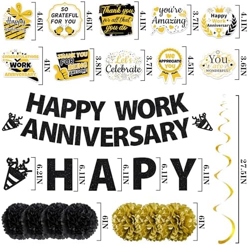 Happy Work Anniversary Decorations Banner, Black Gold Work Anniversary Set - Image 3