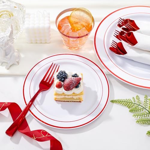 WELLIFE 350 Pcs Red Plastic Plates for 50 Guests - Plastic Dinnerware Set,Valentines Party Supplies Includes 100 Red Plates,150 Silverware,50 Napkins,50 Cups, Valentines Plates - Image 4