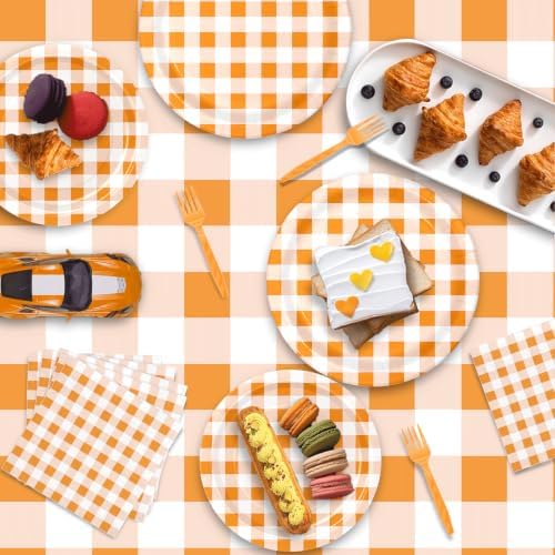 146PCS Orange Gingham Party Supplies Paper Plates and Napkins Serve 36 - Image 6