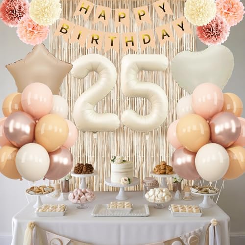Beige Happy 25th Birthday Party Decoration for Her Cream Number 25 Balloon - Image 3