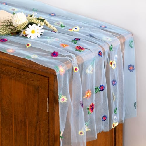 Flower Table Runner Fall Daisy Floral Tulle Cheesecloth Wedding Decor - Image 2
