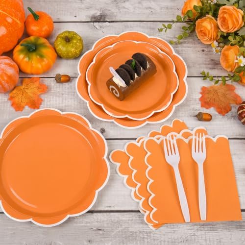 96 Pcs Fall Orange and White Paper Plates and Napkins Set Serve 24 Guests - Image 3