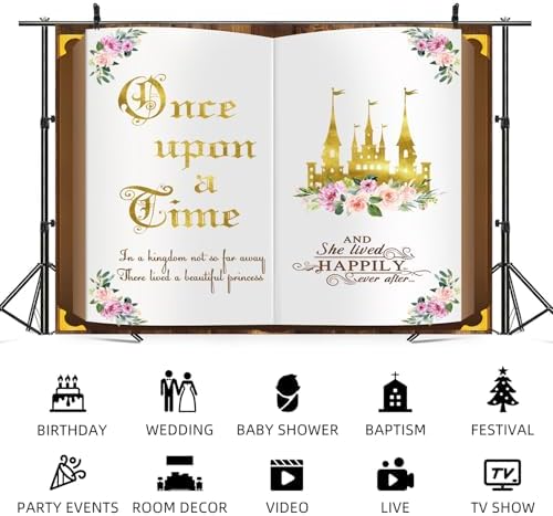 10x6.5ft Once Upon a Time Backdrop Fairy Tale Book Princess Castle Happily Ever After Floral Storybook Background for Birthday Wedding Baby Shower Bridal Shower Party Decor Photo Booth Props - Image 5