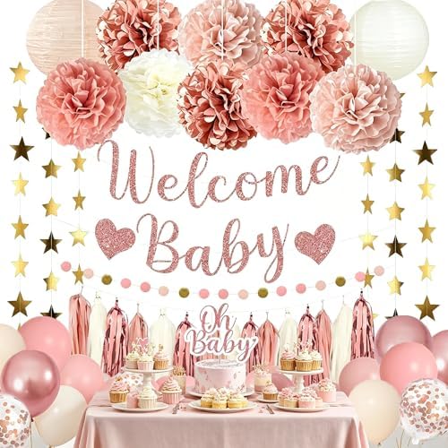 Amandir Rose Gold Baby Shower Decorations for Girl Welcome Baby Banner by Amandir