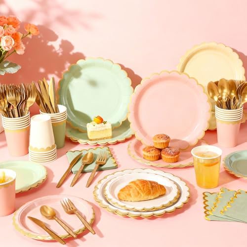Mimorou 338 Pcs Sage Green and Pink Plates Napkins Cups Flatware Set - Image 2