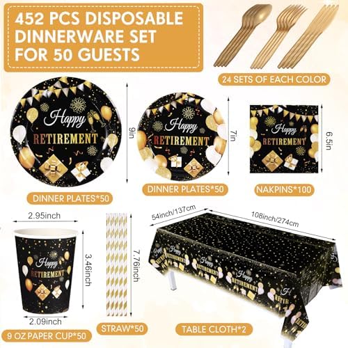 Funnymoom 452 Pcs Happy Retirement Party Decorations Men for 50 Guests, Black Gold Retirement Paper Plates and Napkins Cups Tablecloth Cutlery Straws Disposable Tableware Party Supplies for Men Women - Image 2