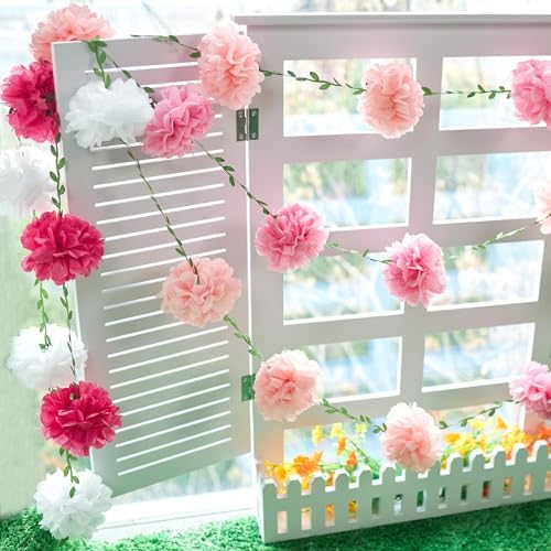 Gradient Pink Tissue Paper Pom Pom Garlands, Paper Flowers for Birthday Decorations, Baby Shower, Wedding Engagement, Bridal Shower, Spring Summer Party Decorations, 2 Pcs - Image 4