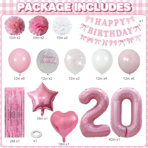 20th Birthday Decorations Girls Pink Number 20 Balloon Bow Coquette Party - Image 4