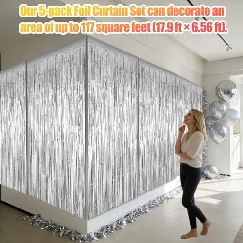 5 Pack 3.28ft x 6.56ft Silver Metallic Tinsel Foil Fringe Curtains, Photo Booth Backdrop Party Decorations for Birthday Wedding Engagement Baby Shower Graduation Bachelorette New Years - Image 3