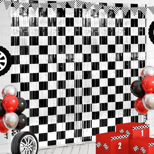6 Pack 3.3Ft x 6.6Ft Race Car Checkered Foil Fringe Curtain Backdrop Decorations, Black White Metallic Tinsel Foil Streamers Curtain Photo Booth for Race Car One Happy Dude Birthday Party Decorations by Zachely