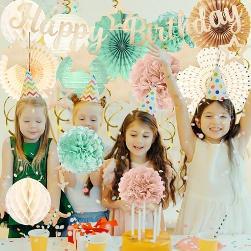 Sage-Green Champagne-Gold Birthday Party-Decorations - 29pcs Beige Retro Green Party Decorations for Women Girls, Happy Birthday Banner Paper Streamers Lanterns Tissue Pom Poms - ZERODECO - Image 7