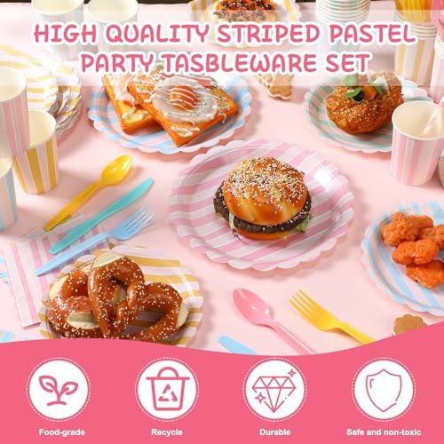 Potchen 220 Pcs Pastel Stripe Plate Party Decor Supplies for 24 Guest - Image 3