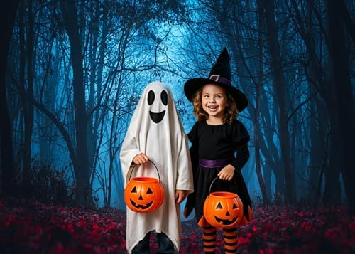 Autumn Forest Backdrop for Halloween Eve Party Mystic Blue Red Maple Leaves Foggy Woods Pathway Thanksgiving Background Photography Studio Photo Booth Props 8x6ft - Image 3