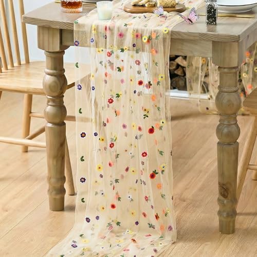 Artoid Mode 6PCS Champagne Embroidery Daisy Gauze Table Runner 120Inch 10FT - Image 4