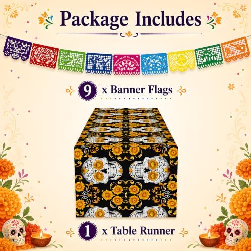 Dia De Los Muertos Decorations - Sugar Skull Table Runner with Banner - Image 4