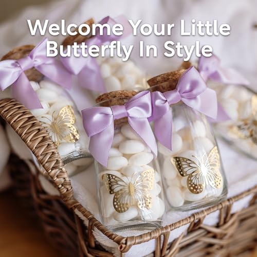 Ethisa Small 24 Pack Butterfly Party Favor Glass Bottles with Ribbons and Stickers - Vintage Baby Shower and Birthday Favors for Guests and Table Centerpieces Decorations - Purple Theme Candy Jar - Image 3