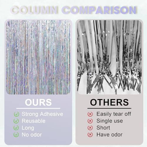 Voircoloria Laser Silver Foil Fringe Backdrop Curtains, 3.3x8.2ft, 3 Pack - Image 5