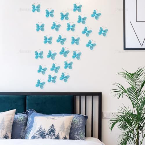 AUEAR, 50 Pack Sheer Mesh Wire Glitter Butterfly Decoration with Gem for Wedding Home Party Wall Decorations (Blue) - Image 4