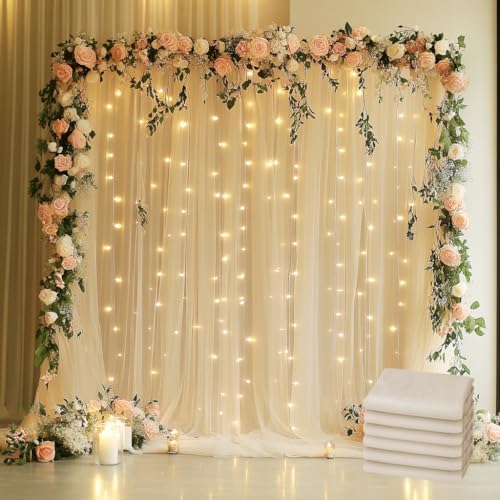 Tulle Backdrop Curtain with Lights 30x8FT Champagne Sheer Curtains by Xiomot